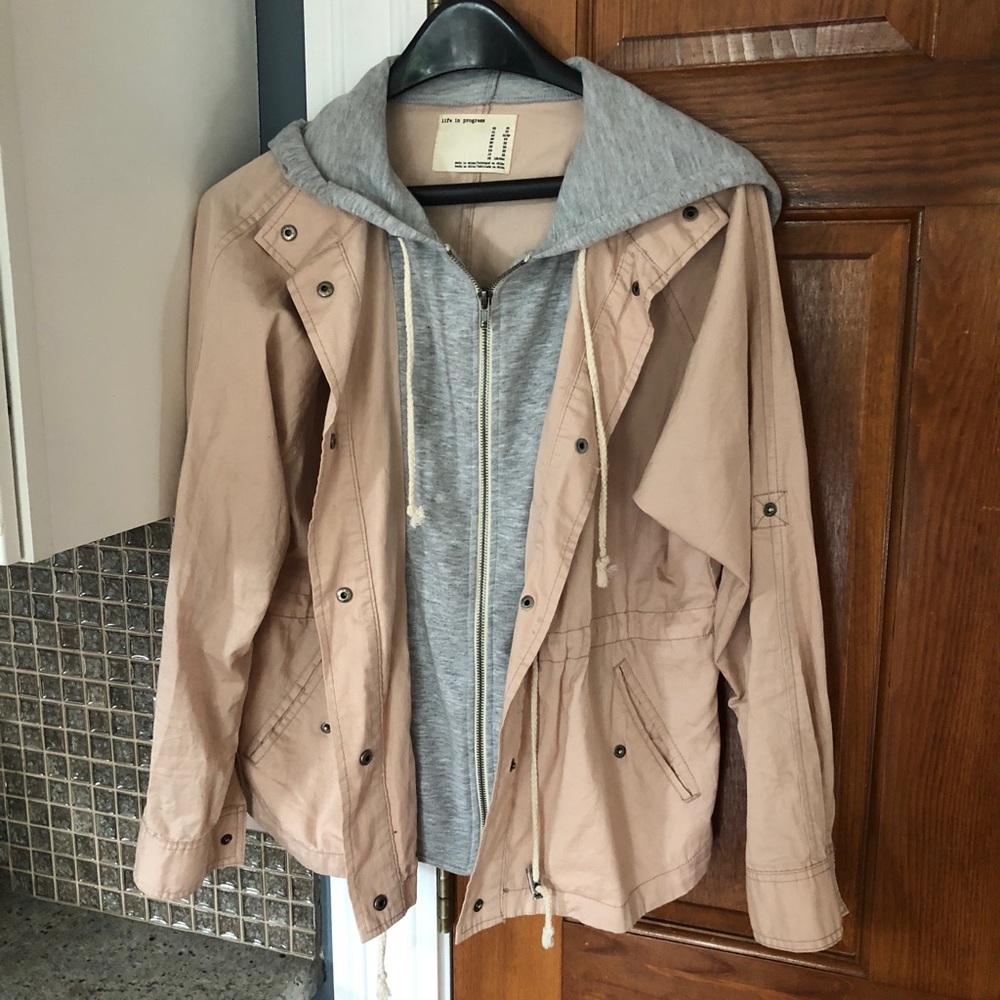 Light pink utility jacket with built in hood!